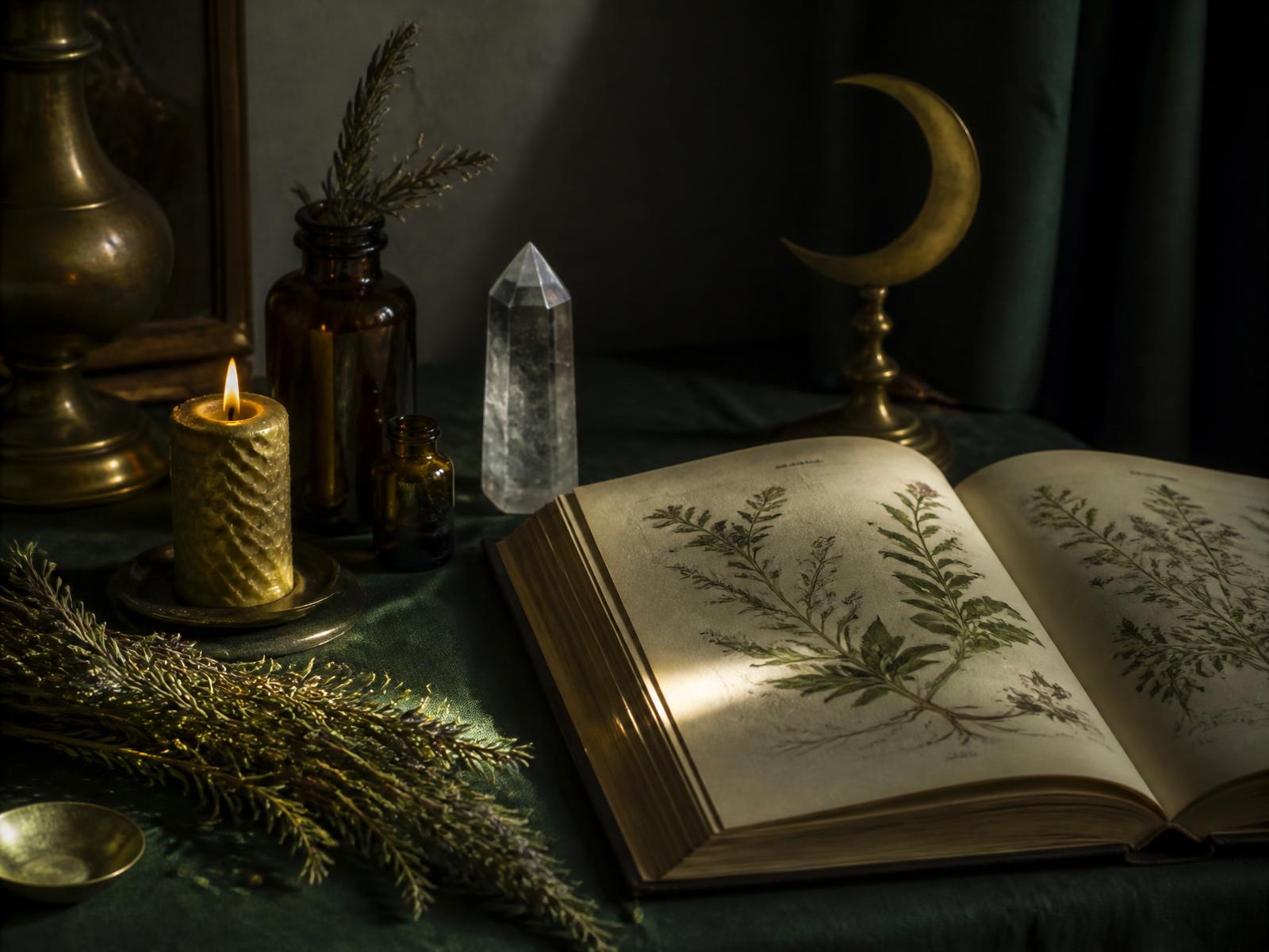 A candlelit altar with dried herbs, glass bottles and crystals arranged on a wooden table